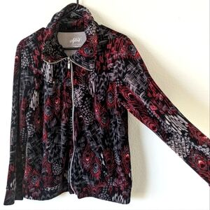 Style & Co Plush Soft Velour Full Zip Track Jacket - Black W/ Peacock Feathers